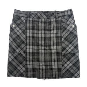 Eddie Bauer Mini Skirt Wool Blend Women 8 Black Gray Plaid Pockets Academia